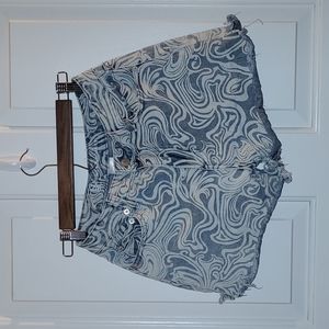 High waisted light wash denim shorts, marble print for women